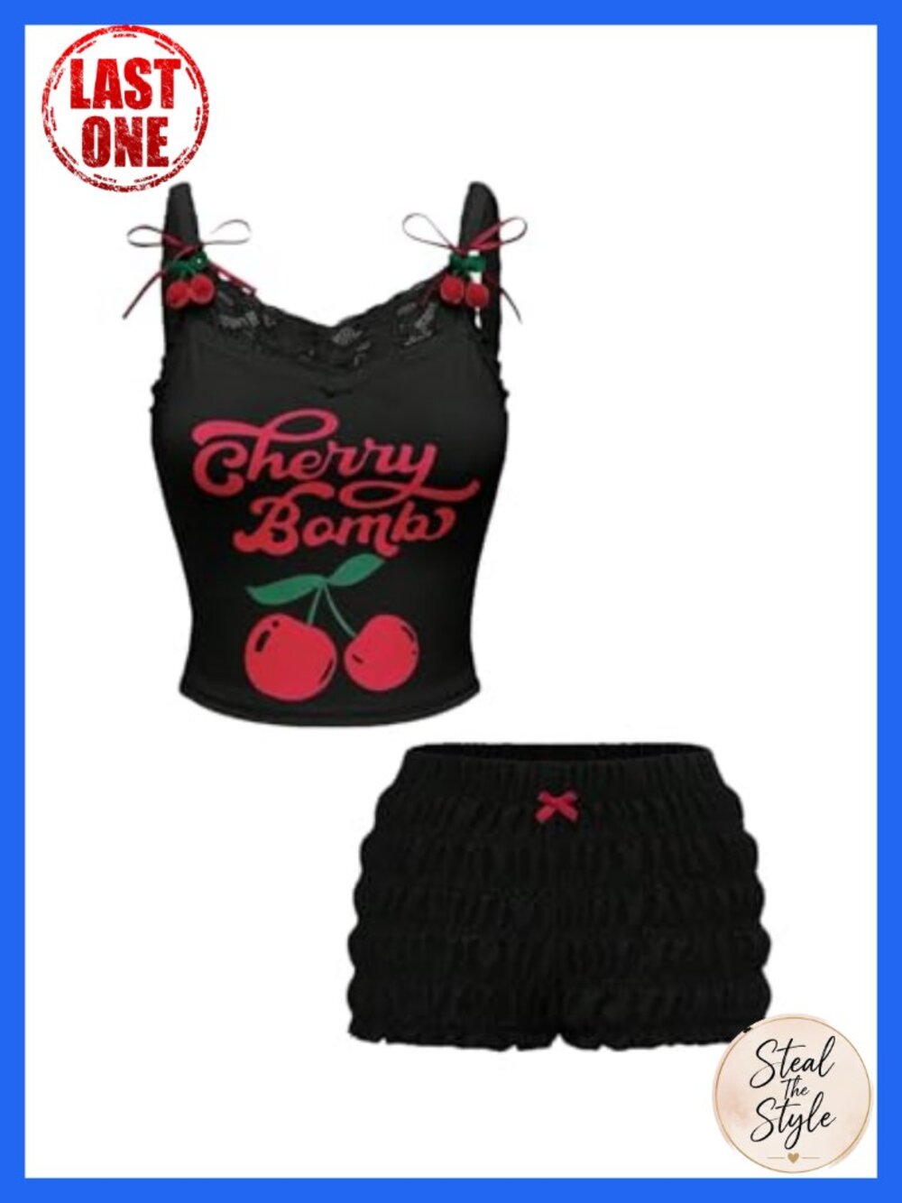 Plus Size Y2K 2 Piece Set Cherry Print Lace Cami Top Ruched Shorts Outfit